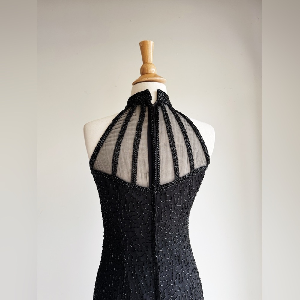 STENAY Vintage Black Silk Beaded Cage Neck Gown 4 - Picture 7 of 8